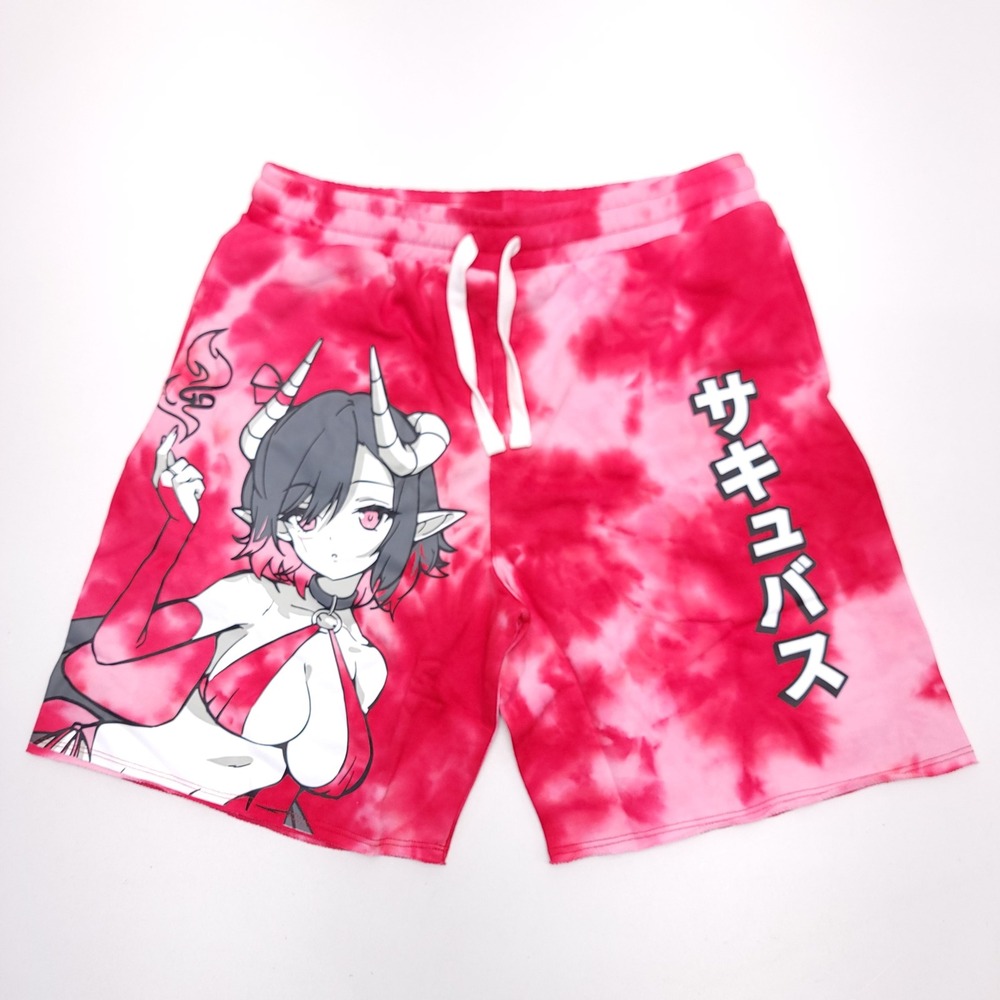 Waifu Cups Succubus Anime Sweat Shorts Red White Tie Dye Mens Large NEW